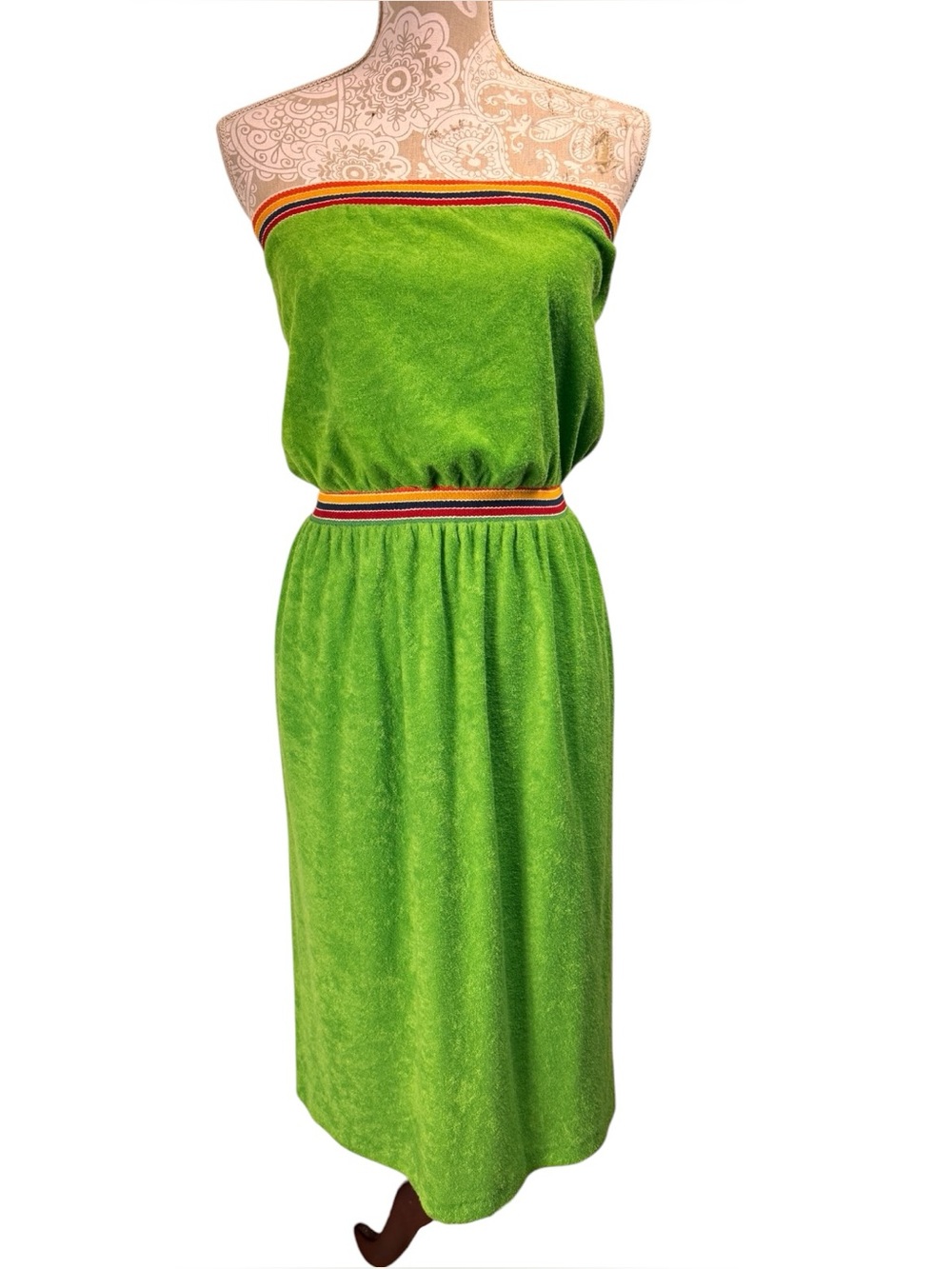Vintage 70s Green Terry Cloth Tube Dress Rainbow Stripe Elastic Vicky Vaughn 5